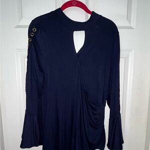 VENUS Navy Blouse with Grommet Sleeve Detail